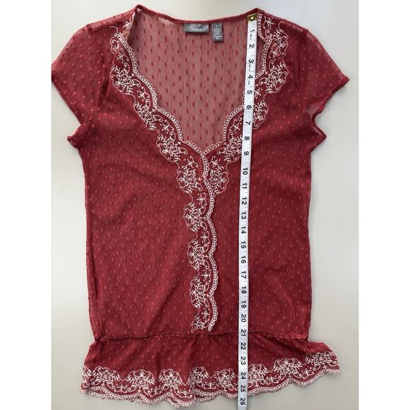 VTG Y2K Sheer Babydoll Top Womens S Red Embroidered Trim Mesh 90s Fairy Grunge - Picture 10 of 12